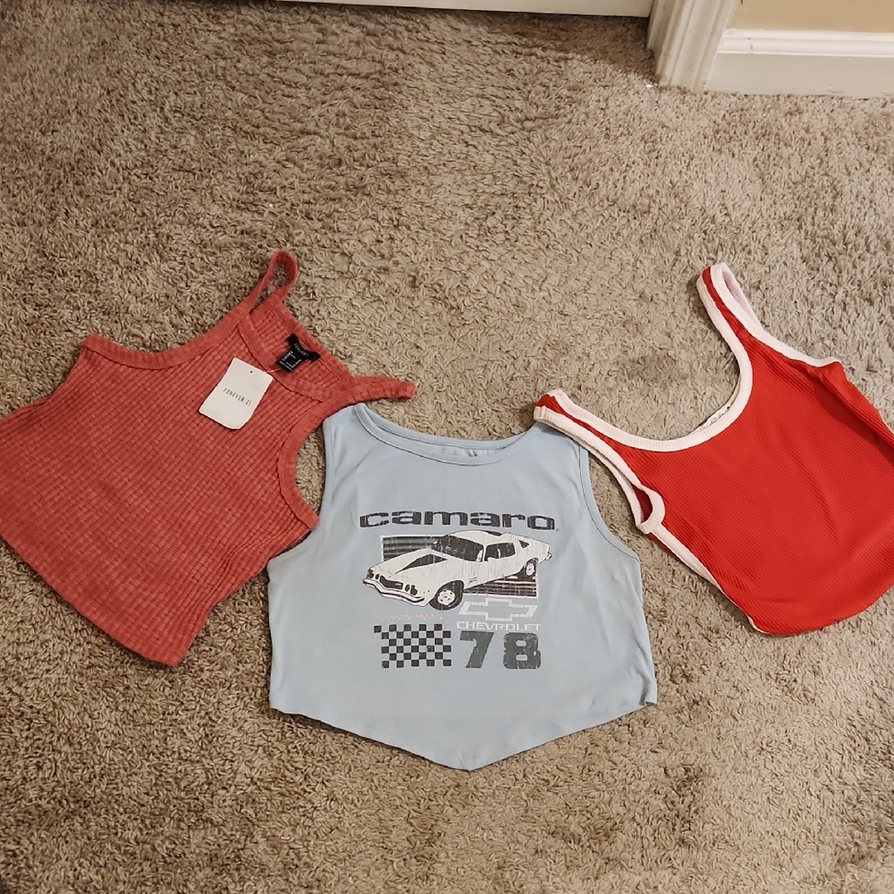 Lot Of 3 Women's Sleeveless Crop Tops - Red, Blue, and Red/White In Size Medium